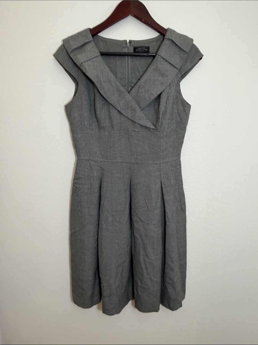 Tahari Arthur S. Levine ASL Gray V-Neck Pleated Mini Dress